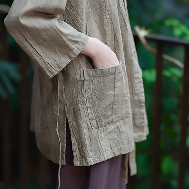 Buddha Stones Hanfu Design Chaqueta de lino de ramio con manga tres cuartos Chaqueta superior con parte delantera abierta - image 11