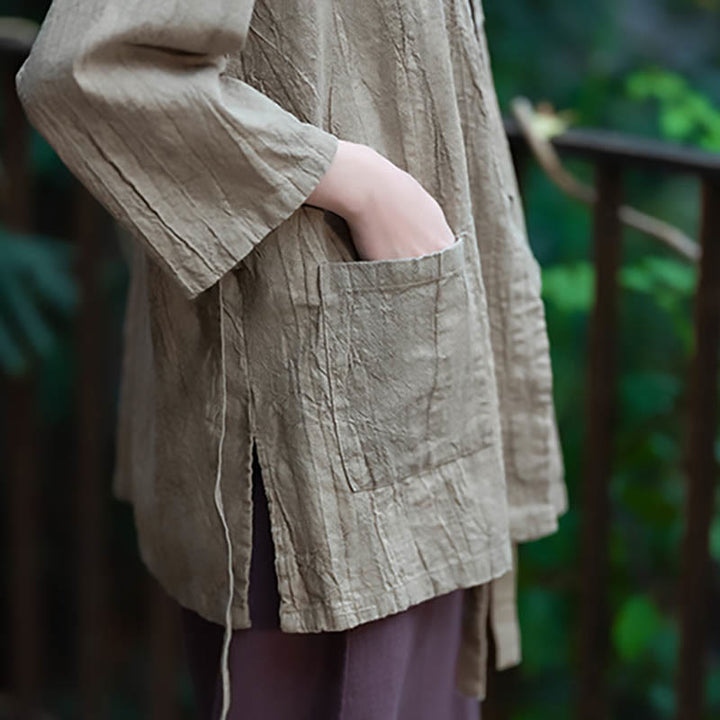 Buddha Stones Hanfu Design Chaqueta de lino de ramio con manga tres cuartos Chaqueta superior con parte delantera abierta - image 11