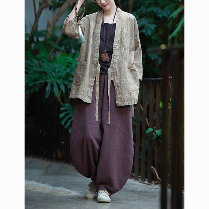 Buddha Stones Hanfu Design Chaqueta de lino de ramio con manga tres cuartos Chaqueta superior con parte delantera abierta - image 10