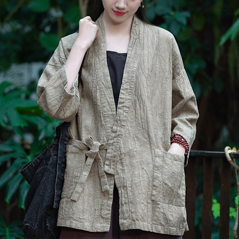 Buddha Stones Hanfu Design Chaqueta de lino de ramio con manga tres cuartos Chaqueta superior con parte delantera abierta - image 8