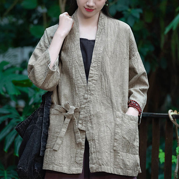 Buddha Stones Hanfu Design Chaqueta de lino de ramio con manga tres cuartos Chaqueta superior con parte delantera abierta - image 8