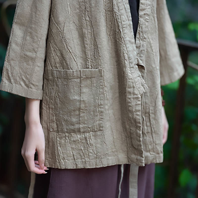 Buddha Stones Hanfu Design Chaqueta de lino de ramio con manga tres cuartos Chaqueta superior con parte delantera abierta - image 12