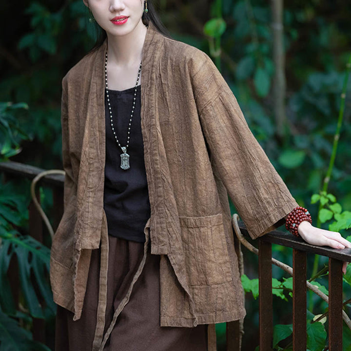 Buddha Stones Hanfu Design Chaqueta de lino de ramio con manga tres cuartos Chaqueta superior con parte delantera abierta - image 21
