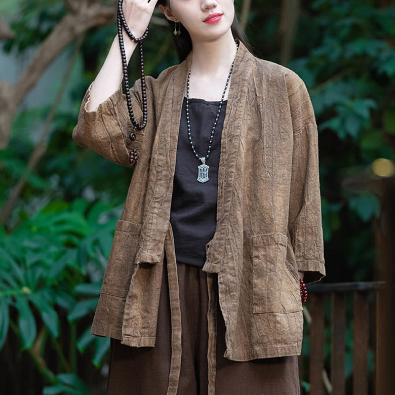 Buddha Stones Hanfu Design Chaqueta de lino de ramio con manga tres cuartos Chaqueta superior con parte delantera abierta - image 14