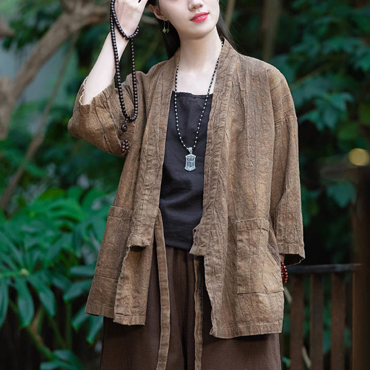 Buddha Stones Hanfu Design Chaqueta de lino de ramio con manga tres cuartos Chaqueta superior con parte delantera abierta - image 14