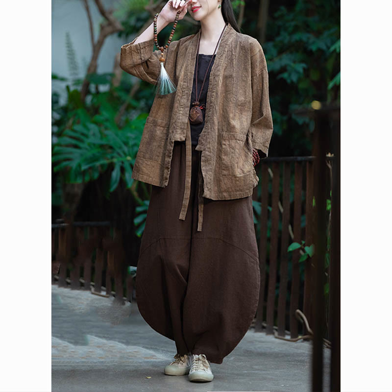 Buddha Stones Hanfu Design Chaqueta de lino de ramio con manga tres cuartos Chaqueta superior con parte delantera abierta - image 23