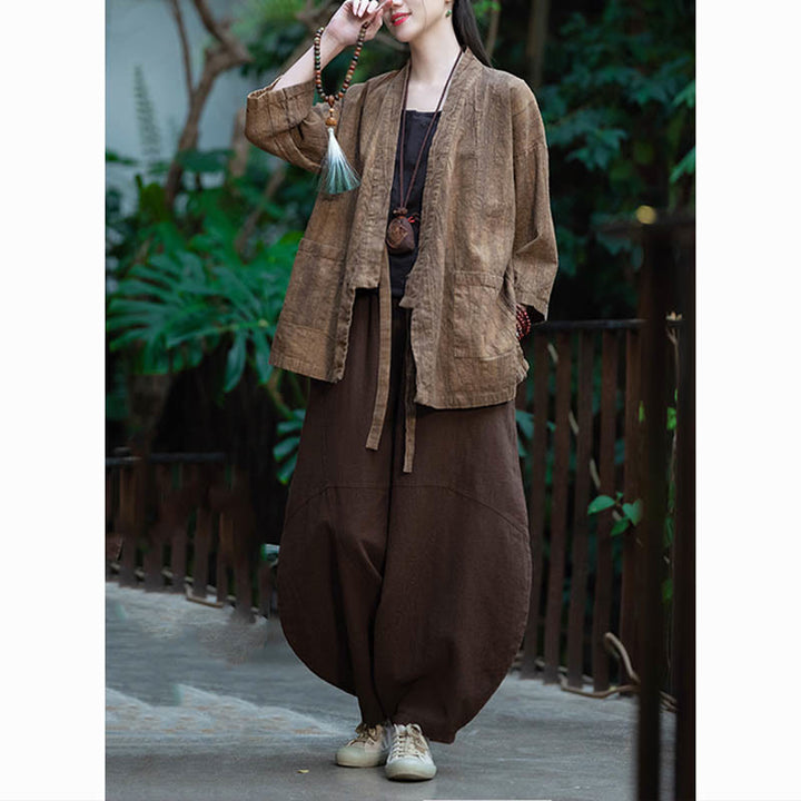 Buddha Stones Hanfu Design Chaqueta de lino de ramio con manga tres cuartos Chaqueta superior con parte delantera abierta - image 23