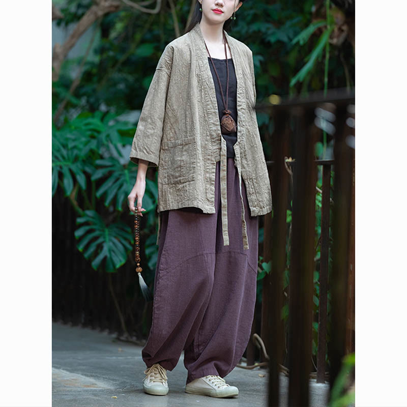 Buddha Stones Hanfu Design Chaqueta de lino de ramio con manga tres cuartos Chaqueta superior con parte delantera abierta - image 9