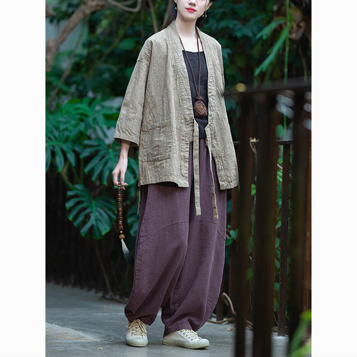 Buddha Stones Hanfu Design Chaqueta de lino de ramio con manga tres cuartos Chaqueta superior con parte delantera abierta - image 9
