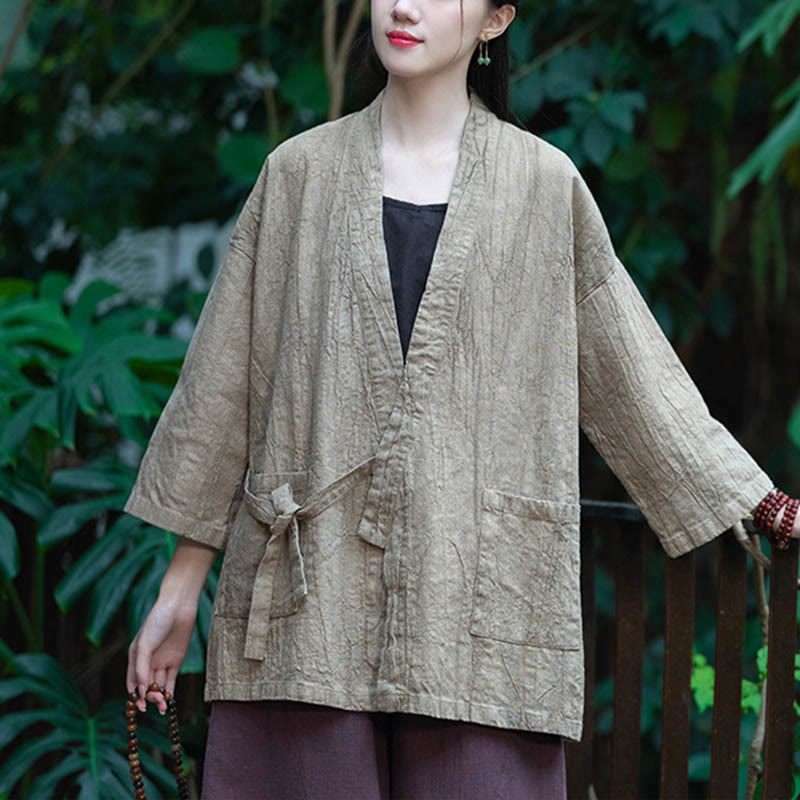 Buddha Stones Hanfu Design Chaqueta de lino de ramio con manga tres cuartos Chaqueta superior con parte delantera abierta - image 4