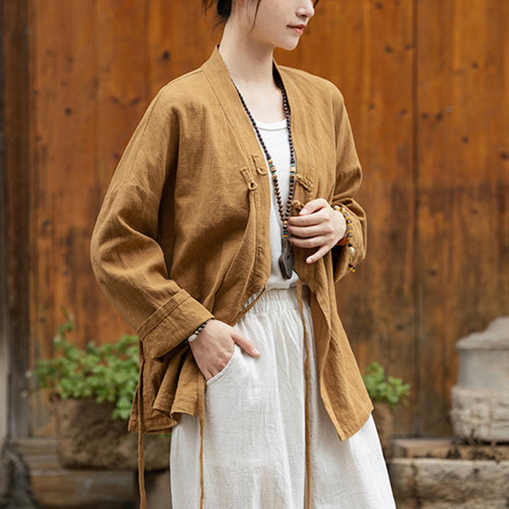 Chaqueta de lino de ramio con diseño Hanfu con botones de rana y Buddha Stones - image 3