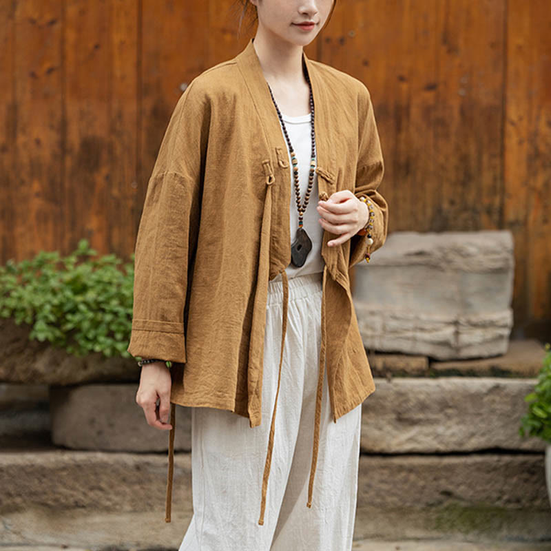 Chaqueta de lino de ramio con diseño Hanfu con botones de rana y Buddha Stones - image 1