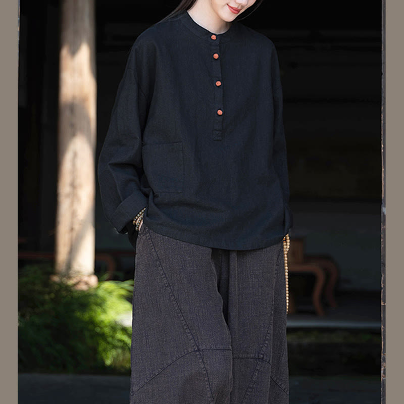 Blusa de manga larga con botones sueltos de color sólido con Buddha Stones - Negro (busto 126 cm) (solo parte superior) - image 28