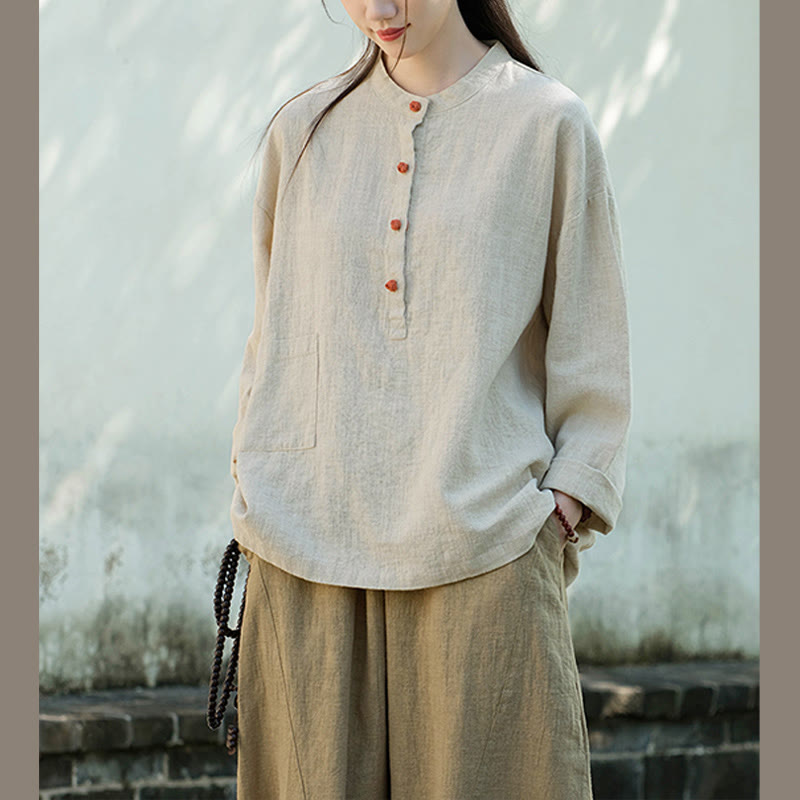 Blusa de manga larga con botones sueltos de color sólido con Buddha Stones - image 14