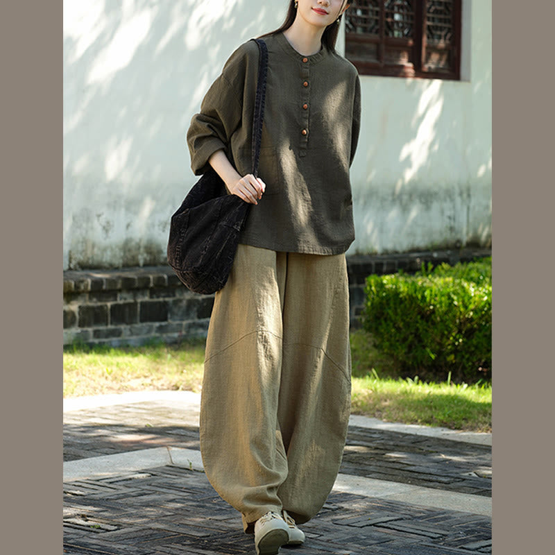 Blusa de manga larga con botones sueltos de color sólido con Buddha Stones - image 26