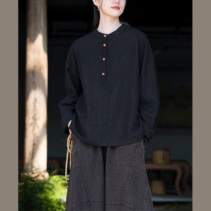 Blusa de manga larga con botones sueltos de color sólido con Buddha Stones - image 31