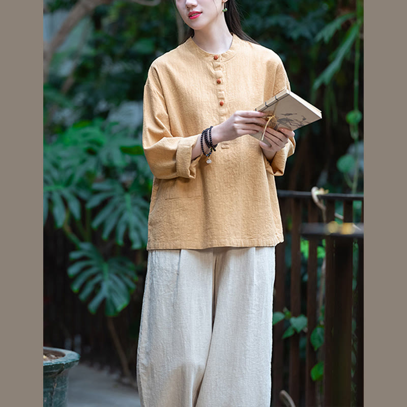 Blusa de manga larga con botones sueltos de color sólido con Buddha Stones - image 43