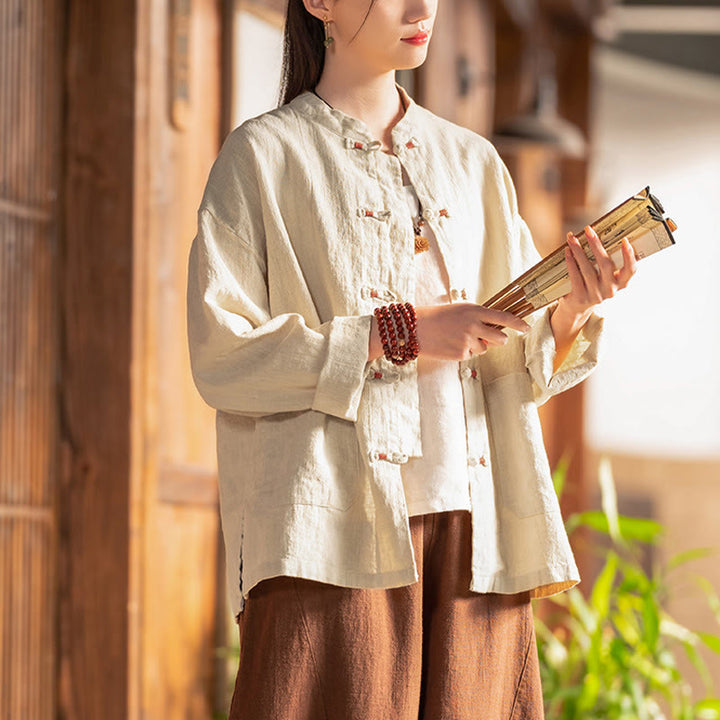 Camisa con botones de rana y Buddha Stones, Top de meditación Zen, chaqueta de lino y algodón - image 3