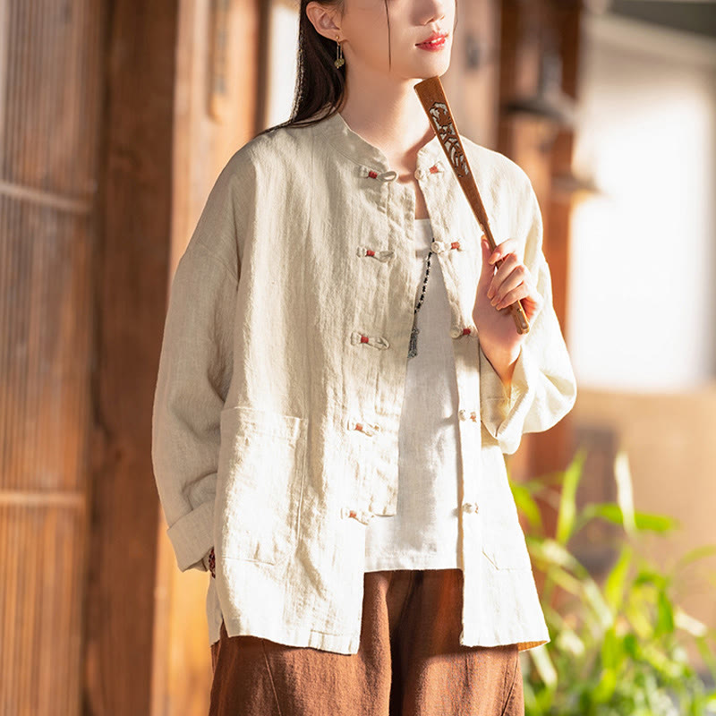 Camisa con botones de rana y Buddha Stones, Top de meditación Zen, chaqueta de lino y algodón - image 4