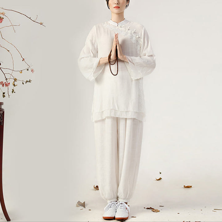 Conjunto de ropa de uniforme de Tai Chi para mujer, 2 uds., manga larga, botón de rana, meditación, oración, práctica Zen, Buddha Stones