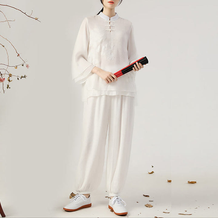 Conjunto de ropa de uniforme de Tai Chi para mujer, 2 uds., manga larga, botón de rana, meditación, oración, práctica Zen, Buddha Stones