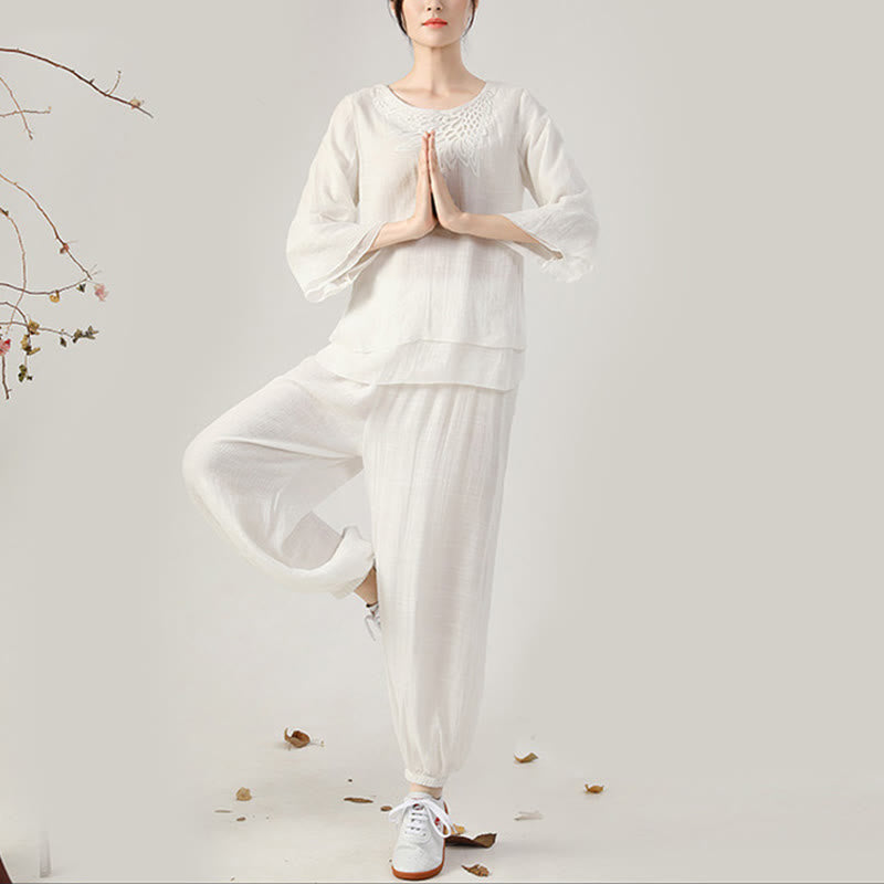 Conjunto de ropa de uniforme de Tai Chi para mujer, 2 uds., manga larga, botón de rana, meditación, oración, práctica Zen, Buddha Stones