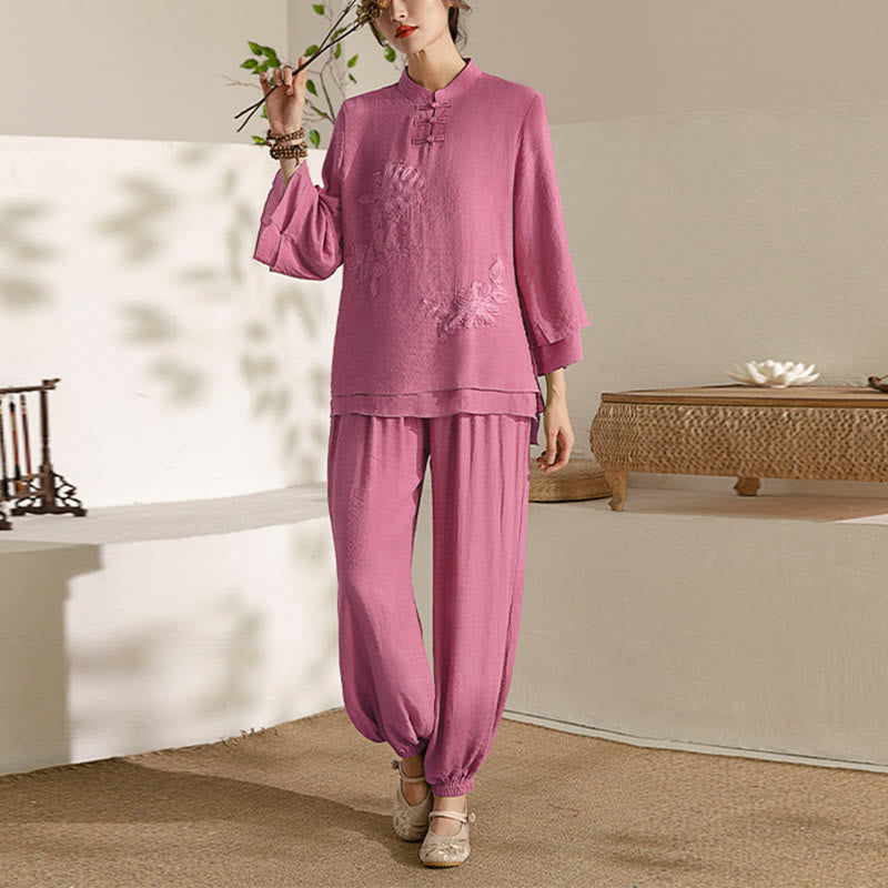 Conjunto de ropa de uniforme de Tai Chi para mujer, 2 uds., manga larga, botón de rana, meditación, oración, práctica Zen, Buddha Stones