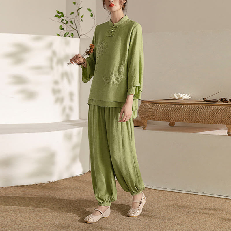 Conjunto de ropa de uniforme de Tai Chi para mujer, 2 uds., manga larga, botón de rana, meditación, oración, práctica Zen, Buddha Stones