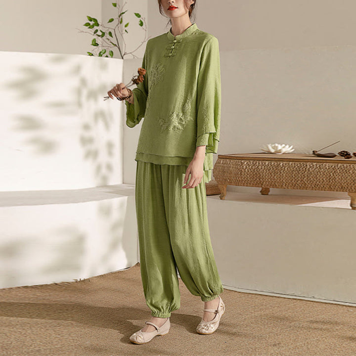 Conjunto de ropa de uniforme de Tai Chi para mujer, 2 uds., manga larga, botón de rana, meditación, oración, práctica Zen, Buddha Stones