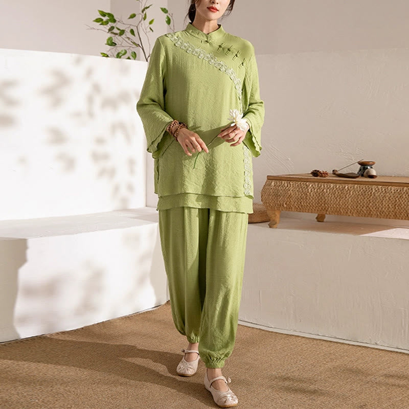 Conjunto de ropa de uniforme de Tai Chi para mujer, 2 uds., manga larga, botón de rana, meditación, oración, práctica Zen, Buddha Stones