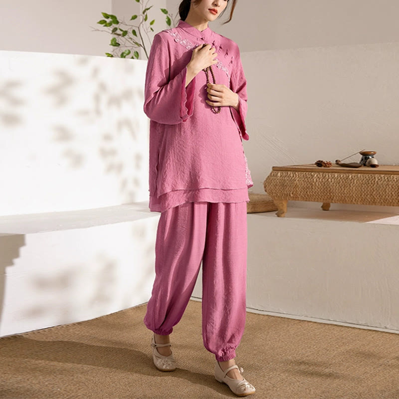 Conjunto de ropa de uniforme de Tai Chi para mujer, 2 uds., manga larga, botón de rana, meditación, oración, práctica Zen, Buddha Stones - Blusa y pantalón de color rojo rosa con botones laterales tipo rana - US8-10，UK/AU12-14，EU40-42 (2XL) - image 20