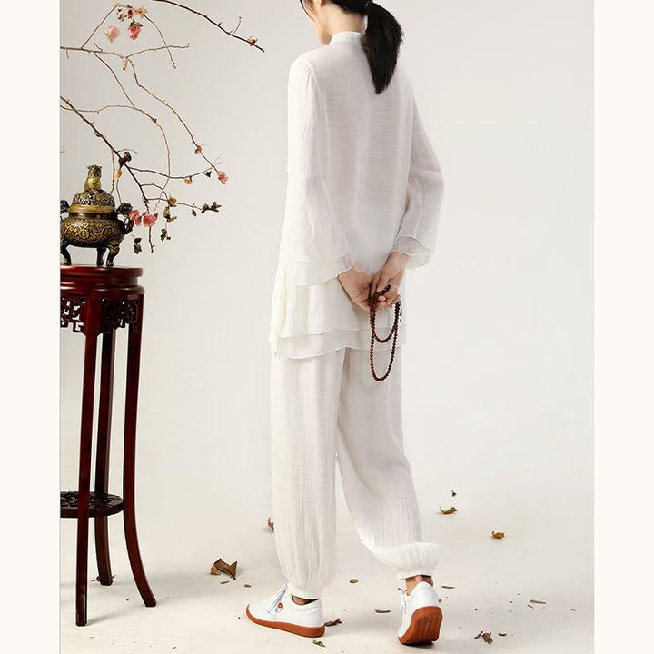 Conjunto de ropa de uniforme de Tai Chi para mujer, 2 uds., manga larga, botón de rana, meditación, oración, práctica Zen, Buddha Stones