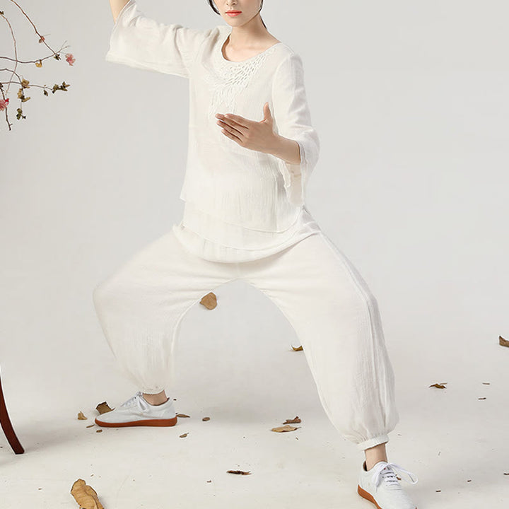 Conjunto de ropa de uniforme de Tai Chi para mujer, 2 uds., manga larga, botón de rana, meditación, oración, práctica Zen, Buddha Stones - image 15