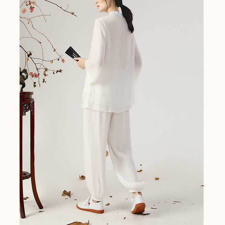 Conjunto de ropa de uniforme de Tai Chi para mujer, 2 uds., manga larga, botón de rana, meditación, oración, práctica Zen, Buddha Stones - image 7