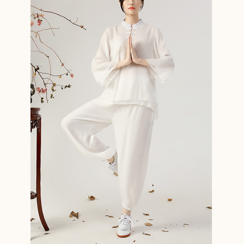 Conjunto de ropa de uniforme de Tai Chi para mujer, 2 uds., manga larga, botón de rana, meditación, oración, práctica Zen, Buddha Stones - image 6