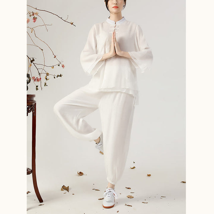 Conjunto de ropa de uniforme de Tai Chi para mujer, 2 uds., manga larga, botón de rana, meditación, oración, práctica Zen, Buddha Stones - image 6