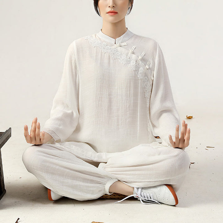 Conjunto de ropa de uniforme de Tai Chi para mujer, 2 uds., manga larga, botón de rana, meditación, oración, práctica Zen, Buddha Stones - image 1