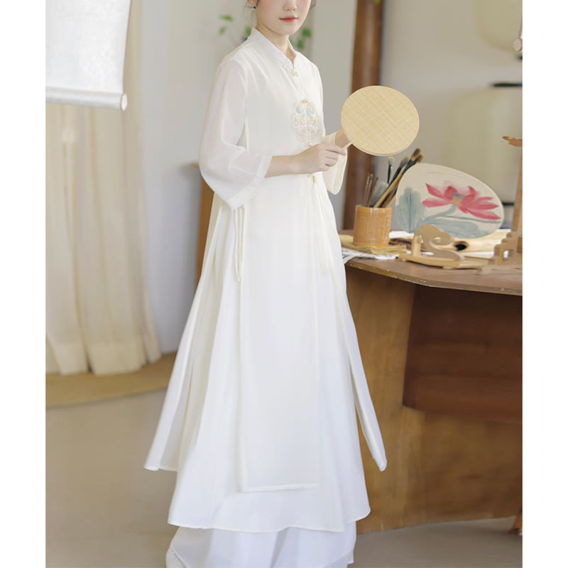 Vestido midi Cheongsam de gasa con bordado de Buddha Stones , pantalones de pierna ancha, ropa de práctica Zen de meditación - Solo vestido - US8-10，UK/AU12-14，EU40-42 (2XL) - image 0