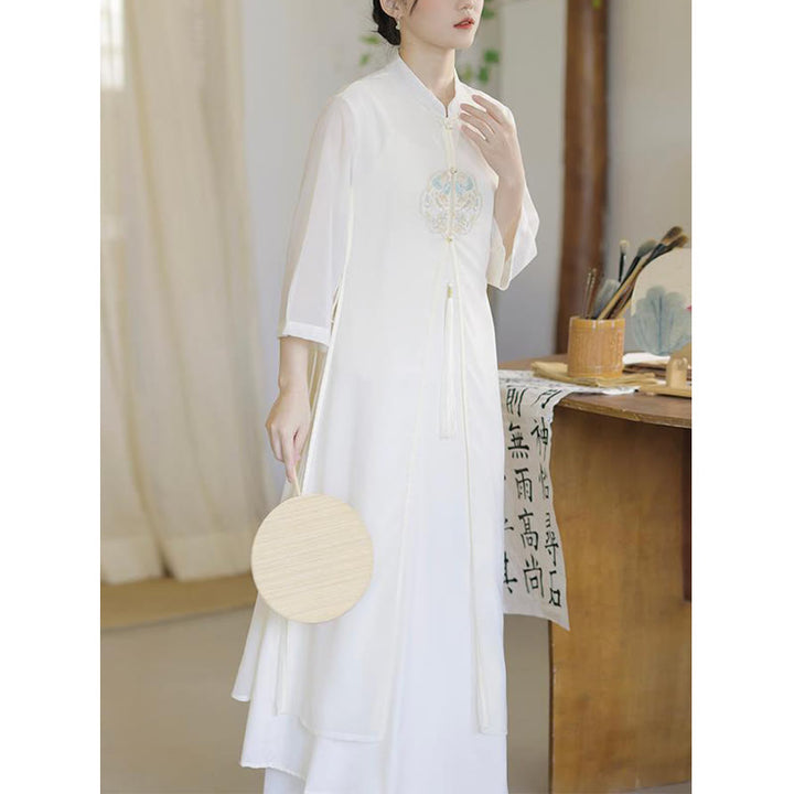 Vestido midi Cheongsam de gasa con bordado de Buddha Stones , pantalones de pierna ancha, ropa de práctica Zen de meditación - image 7