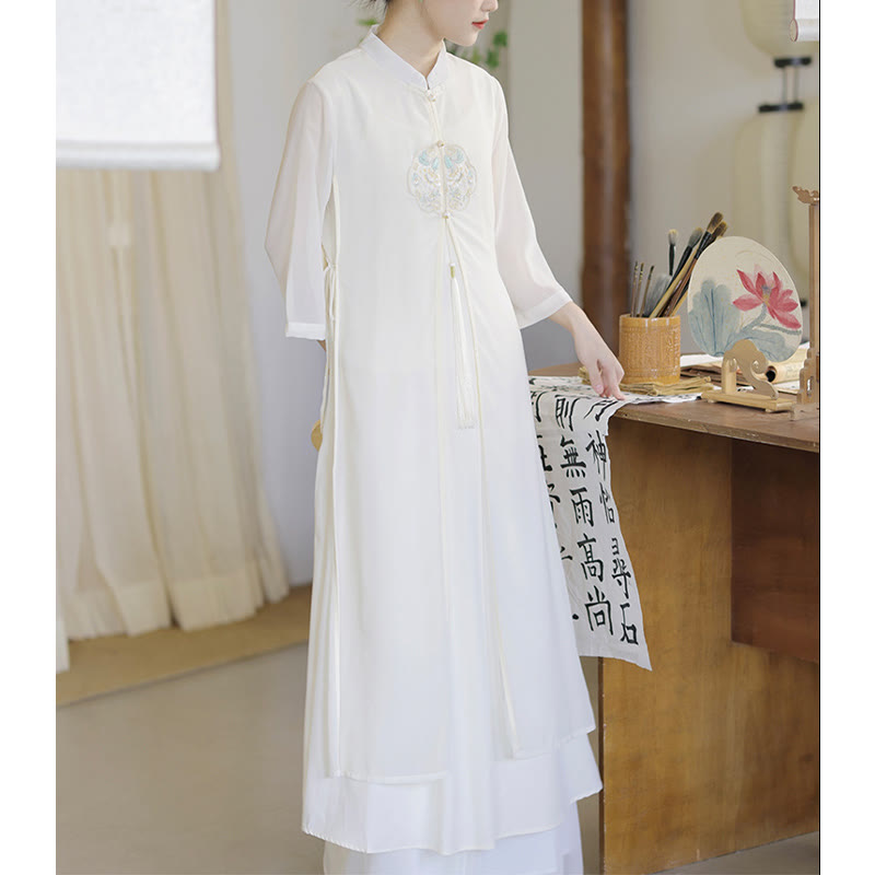 Vestido midi Cheongsam de gasa con bordado de Buddha Stones , pantalones de pierna ancha, ropa de práctica Zen de meditación - image 8