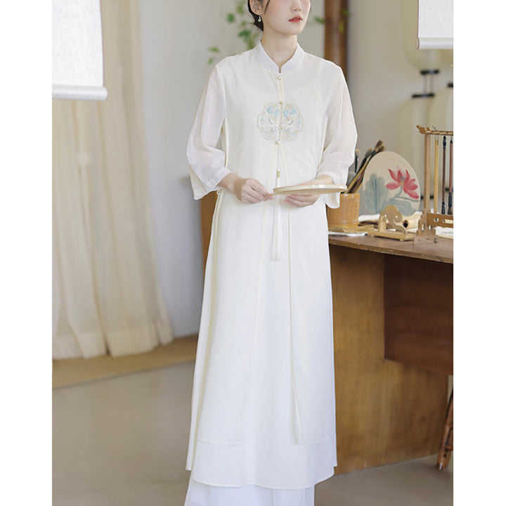 Vestido midi Cheongsam de gasa con bordado de Buddha Stones , pantalones de pierna ancha, ropa de práctica Zen de meditación - image 11