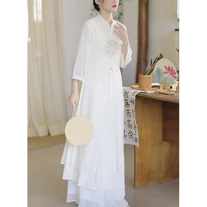 Vestido midi Cheongsam de gasa con bordado de Buddha Stones , pantalones de pierna ancha, ropa de práctica Zen de meditación - image 12
