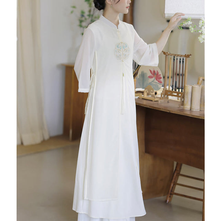 Vestido midi Cheongsam de gasa con bordado de Buddha Stones , pantalones de pierna ancha, ropa de práctica Zen de meditación - image 6