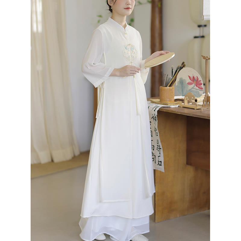 Vestido midi Cheongsam de gasa con bordado de Buddha Stones , pantalones de pierna ancha, ropa de práctica Zen de meditación - image 13