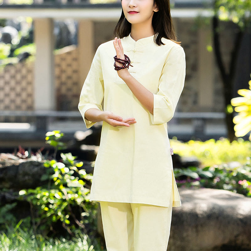 Buddha Stones 2 uds camisa de media manga Top pantalones meditación Zen Tai Chi ropa de lino de algodón conjunto de mujer - Amarillo (Top y pantalón) - US8-10，UK/AU12-14，EU40-42 (2XL) - image 19