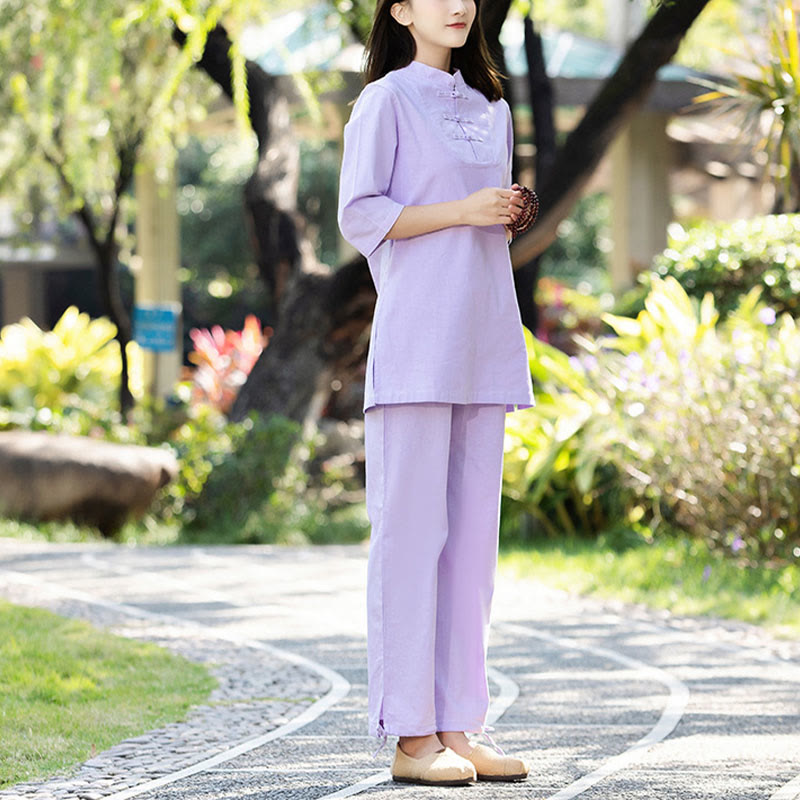 Buddha Stones 2 uds camisa de media manga Top pantalones meditación Zen Tai Chi ropa de lino de algodón conjunto de mujer - Morado (Top y pantalón) - US8-10，UK/AU12-14，EU40-42 (2XL) - image 9