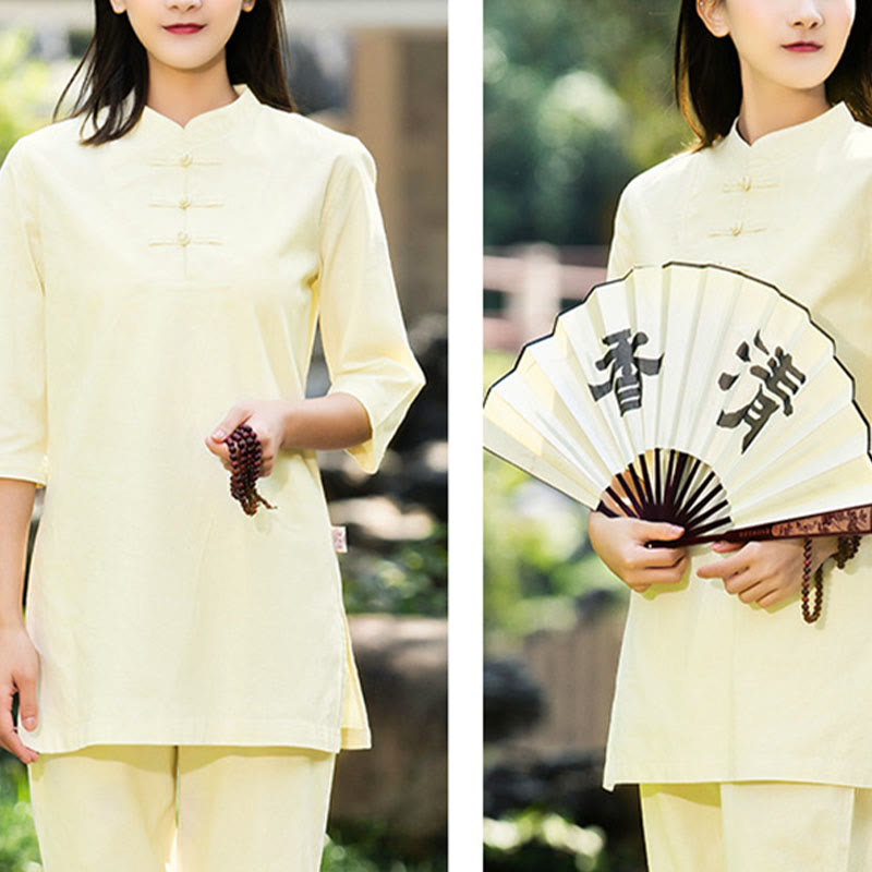 Buddha Stones 2 uds camisa de media manga Top pantalones meditación Zen Tai Chi ropa de lino de algodón conjunto de mujer - image 21