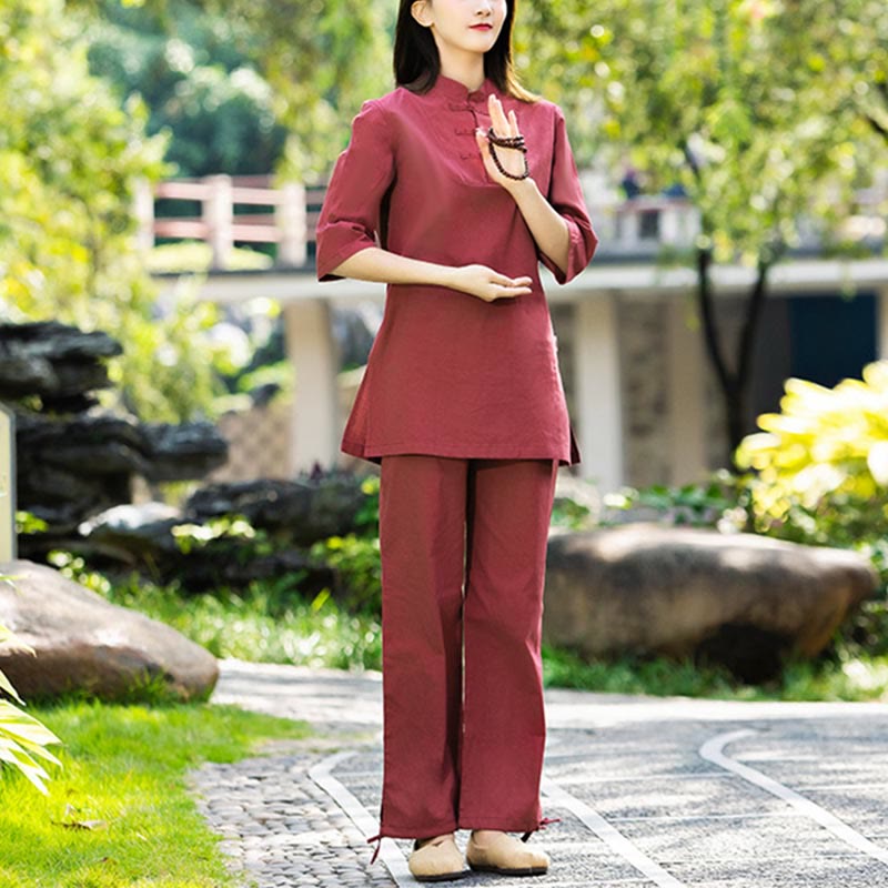 Buddha Stones 2 uds camisa de media manga Top pantalones meditación Zen Tai Chi ropa de lino de algodón conjunto de mujer - image 5