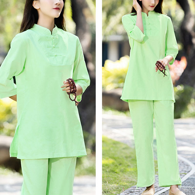 Buddha Stones 2 uds camisa de media manga Top pantalones meditación Zen Tai Chi ropa de lino de algodón conjunto de mujer - image 8