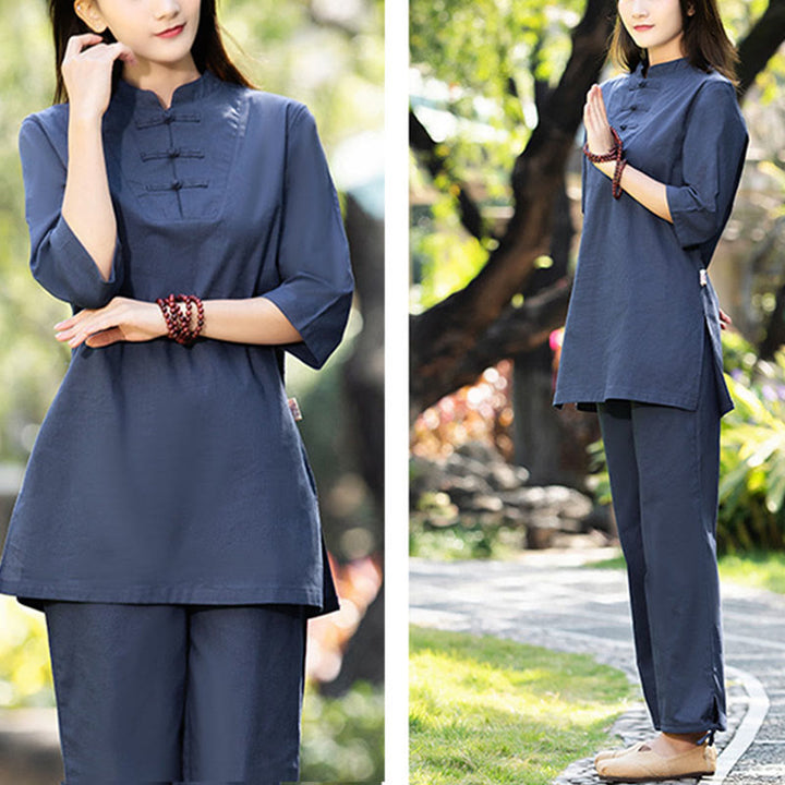 Buddha Stones 2 uds camisa de media manga Top pantalones meditación Zen Tai Chi ropa de lino de algodón conjunto de mujer - image 1
